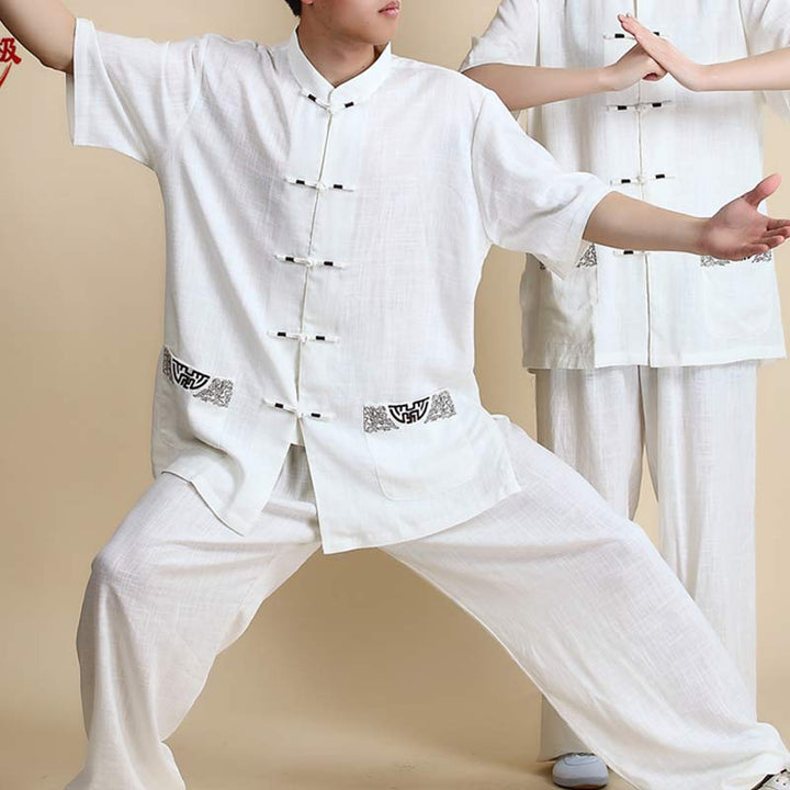 Conjunto de ropa unisex con bordado de Buddha Stones para meditación, oración zen, práctica espiritual de tai chi y qigong - Bordado blanco de manga corta - US14, UK/AU18, EU46 (3XL) - image 21