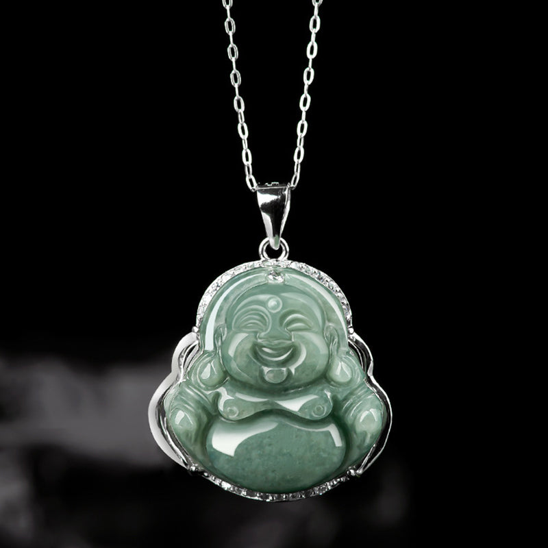 Collar con colgante de cadena de jade de Buda sonriente de plata de ley 925 con Buddha Stones - image 2