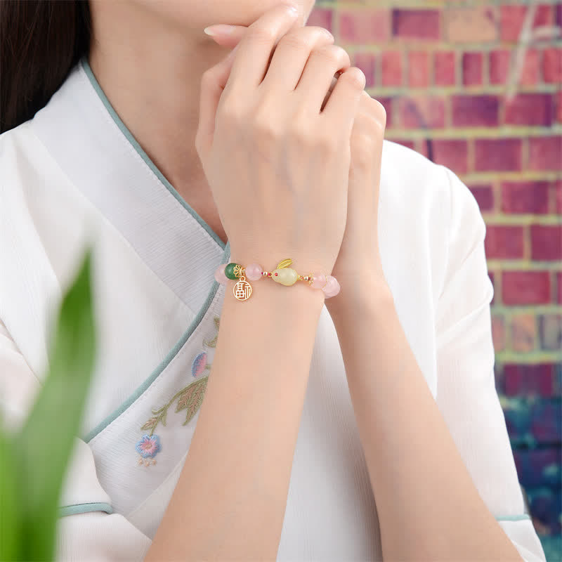 Año del Conejo Pulsera de Felicidad Amor Conejito Ágata Verde Cristal Rosa Natural