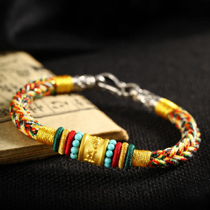 Buddha Stones Tíbet 999 oro Om Mani Padme Hum pulsera de la suerte hecha a mano con ocho hilos y nudo de la paz