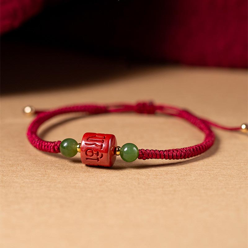 Pulsera de cuerda trenzada con Buddha Stones Tibetam cinabrio Om Mani Padme Hum grabada bendición