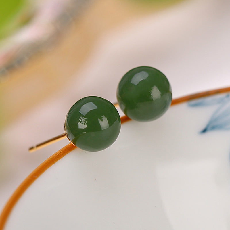 Pendientes de tuerca de plata de ley 925 con Buddha Stones , redondos, jade cian curativo y tranquilo