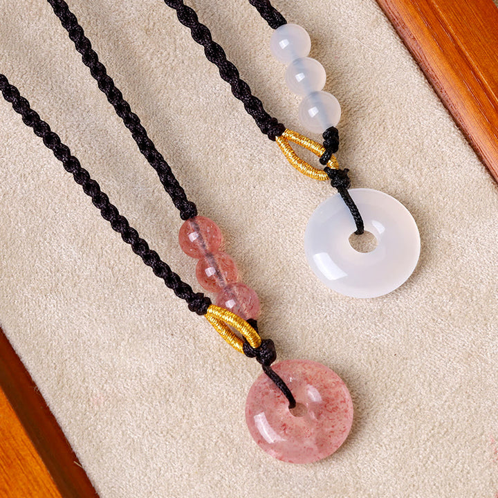 Colgante de collar curativo con hebilla de paz, calcedonia, cuarzo fresa, Buddha Stones