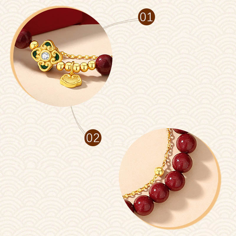 Pulsera de cadena de bendición de flores de trébol de cuatro hojas de cinabrio natural de plata de ley 925 con Buddha Stones