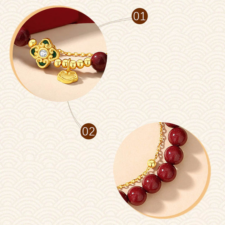 Pulsera de cadena de bendición de flores de trébol de cuatro hojas de cinabrio natural de plata de ley 925 con Buddha Stones