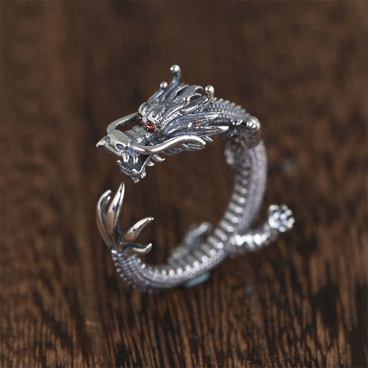 Anillo de protección de la suerte del dragón de plata de ley 925