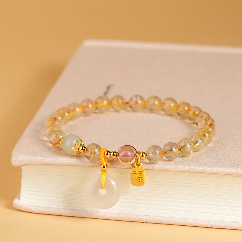 Pulsera de riqueza con dije de hebilla de paz con carácter Fu de Cuarzo rutilado dorado Natural con Buddha Stones