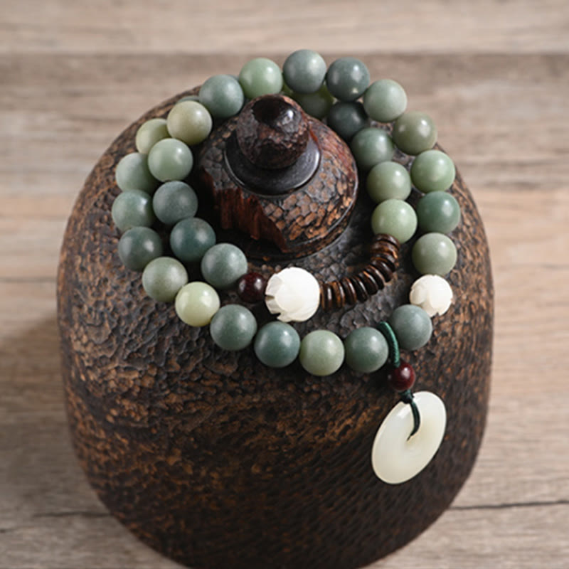 Pulsera de doble envoltura con hebilla de paz y jade de loto, semilla de Bodhi cian