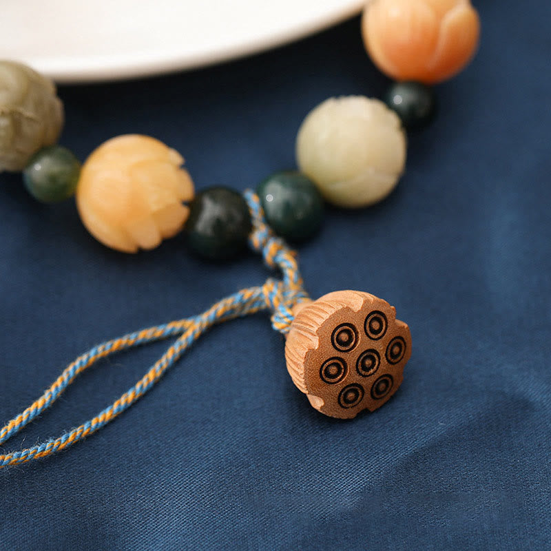 Pulsera de paz y calma con Buddha Stones , semilla de Bodhi, cuentas de loto grabadas, ágata de musgo