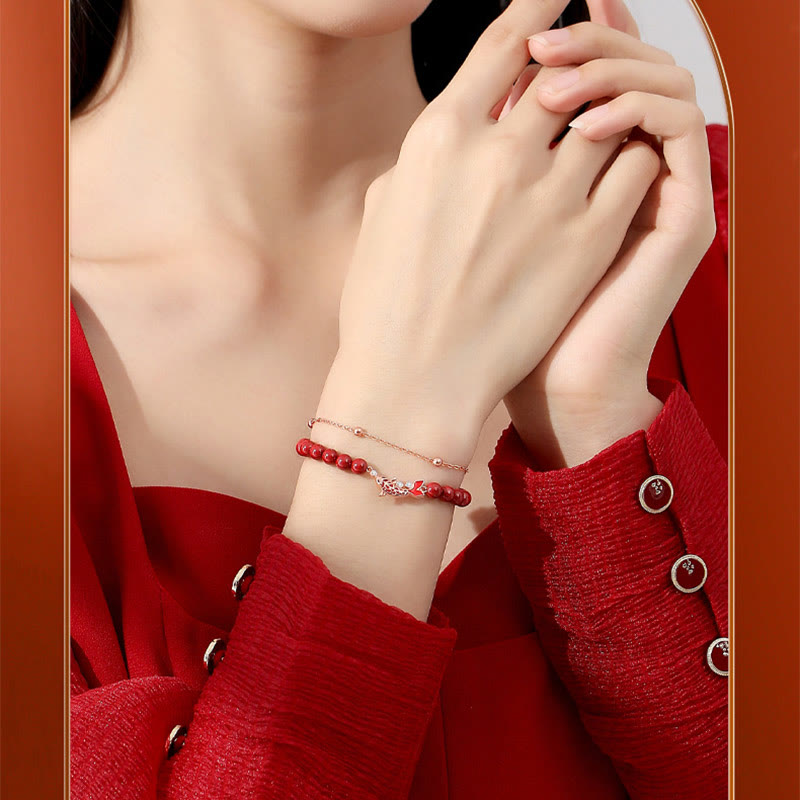 Pulsera de cadena de doble capa con Buddha Stones, Plata de Ley 925, pez Koi de la suerte, circón cinabrio, prosperidad