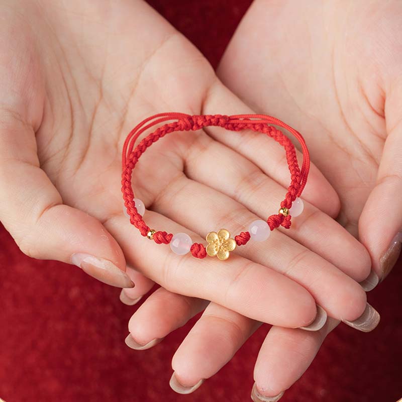 Pulsera de cuerda roja de la suerte con cuentas de calcedonia, cereza, flor de melocotón, Plata de Ley 925 hecha a mano con Buddha Stones