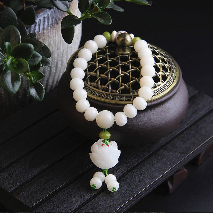 Pulsera de la suerte con semillas de Bodhi, color blanco natural, con Buddha Stones
