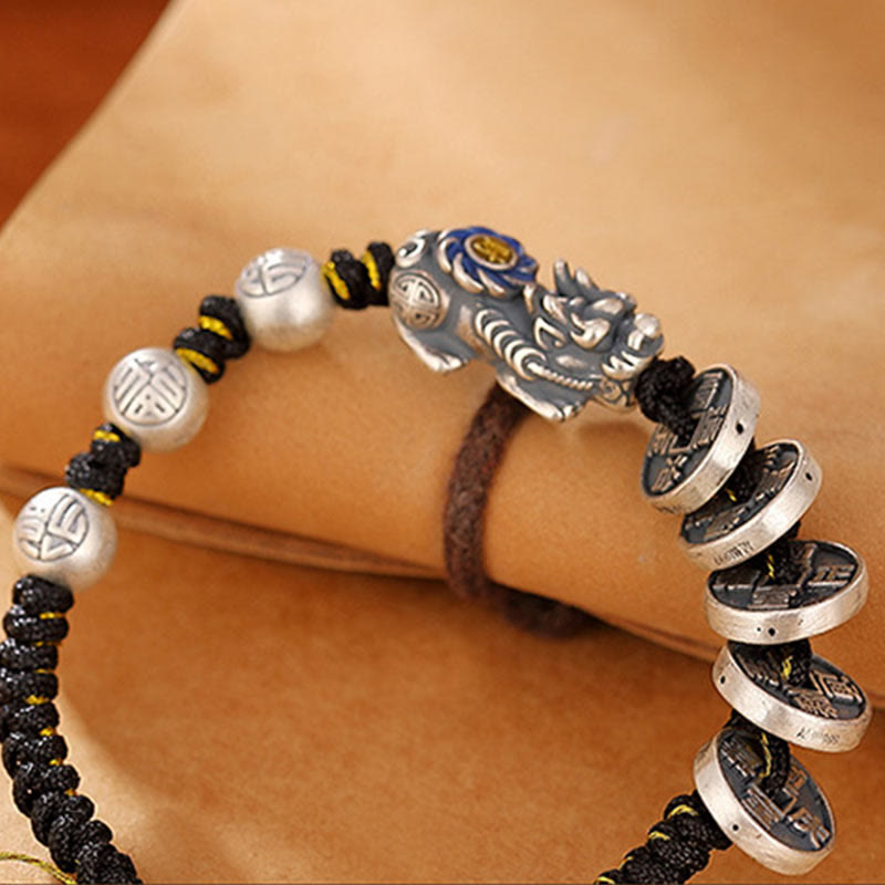 Pulsera trenzada de plata de ley 999 con Buddha Stones FengShui PiXiu, moneda de cobre, personaje Fu, riqueza