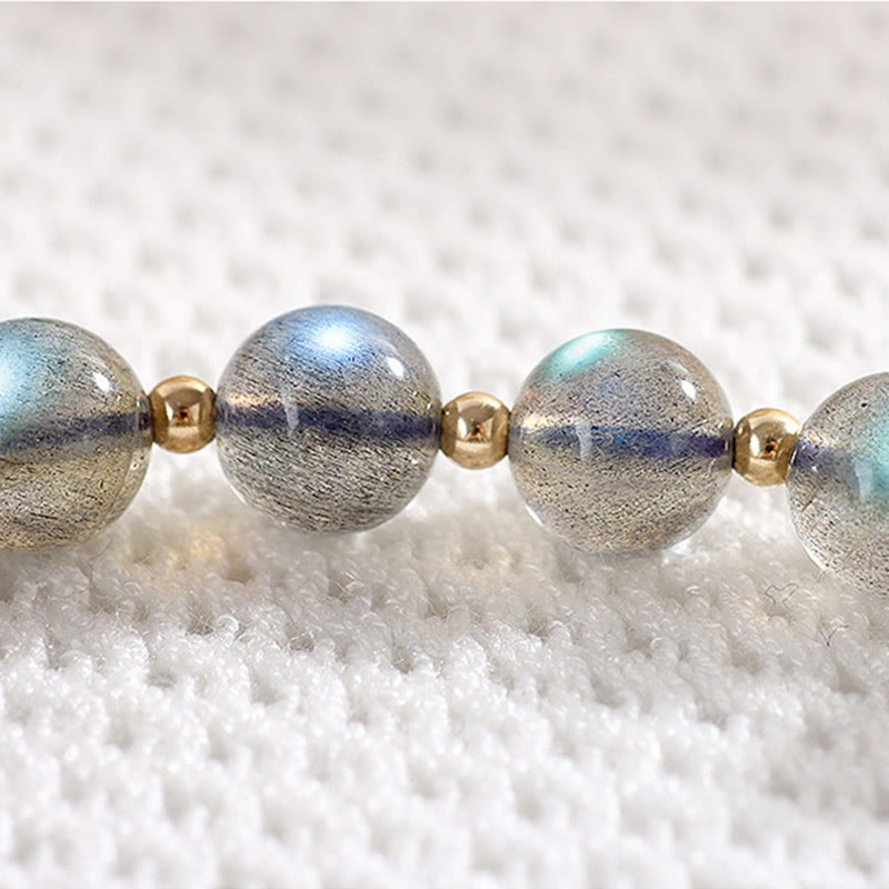 Pulsera de amor curativa con piedra lunar natural chapada en oro de 14 quilates con Buddha Stones