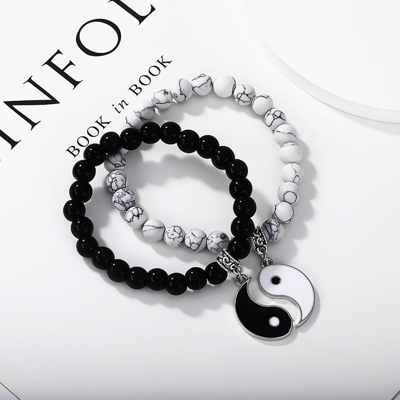 Buddha Stones 2 uds. Pulsera de pareja de protección Yin Yang con cuentas de turquesa blanca y ónix negro - Ónix negro plateado y turquesa blanca - image 13