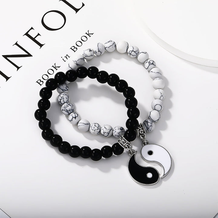 Buddha Stones 2 uds. Pulsera de pareja de protección Yin Yang con cuentas de turquesa blanca y ónix negro - Ónix negro plateado y turquesa blanca - image 13