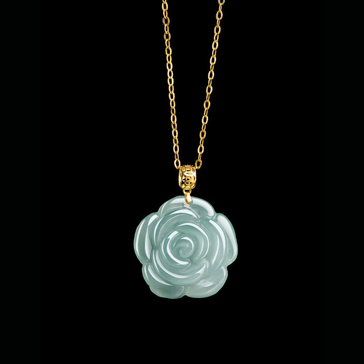 Colgante de collar de la suerte de rosa de jade natural de plata de ley 925 de oro de 18 Buddha Stones