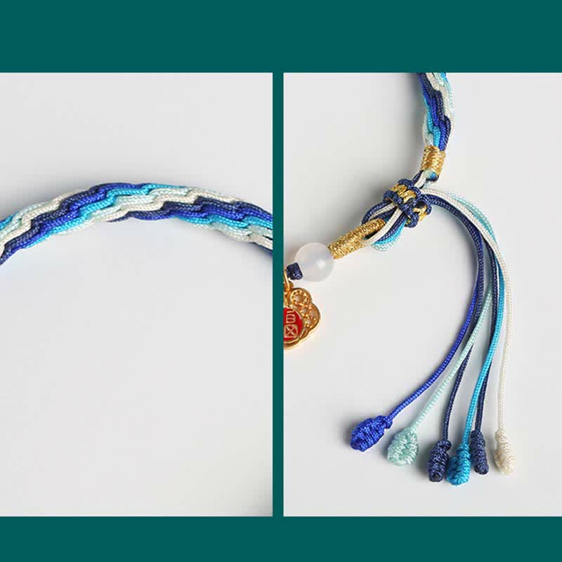 Pulsera de nudo de reencarnación con cuerda de bendición de calabaza hecha a mano de plata de ley 925