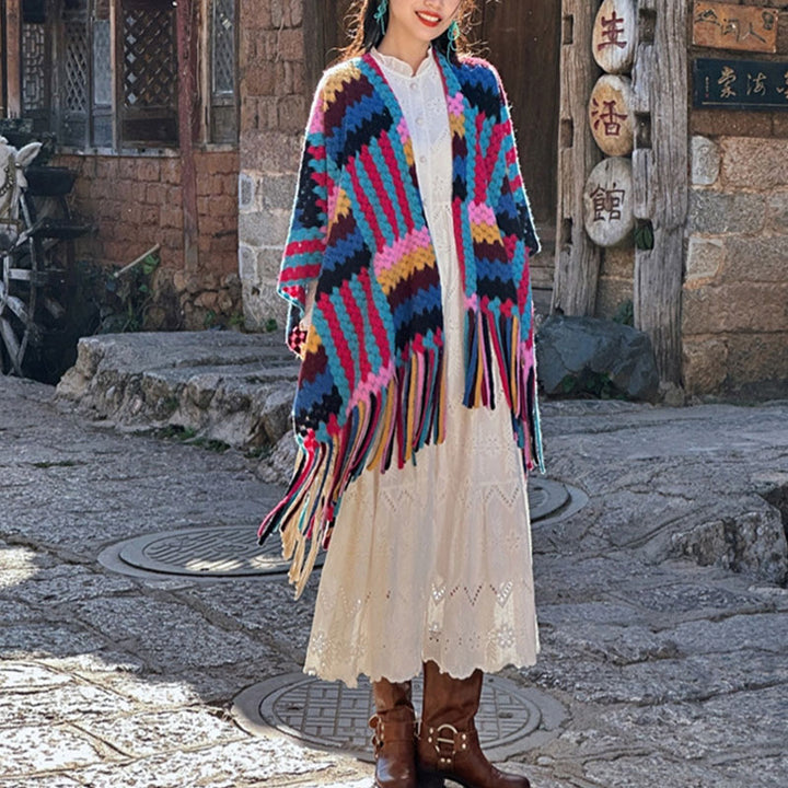 Mantón tibetano de Buddha Stones , patrón trenzado de Color caramelo, bufanda de punto con borlas de viaje acogedora para invierno