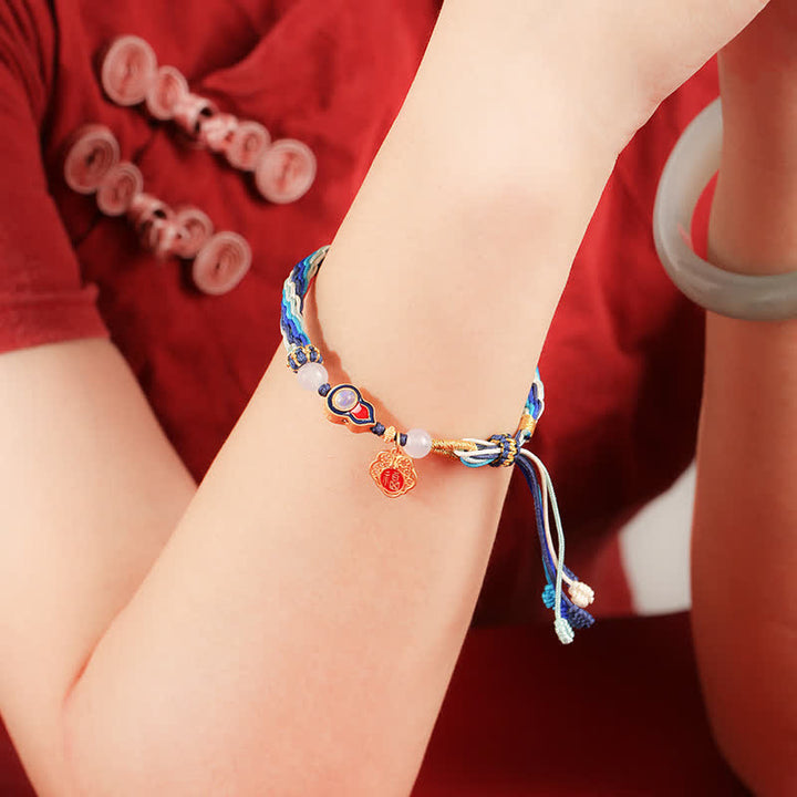 Pulsera de nudo de reencarnación con cuerda de bendición de calabaza hecha a mano de plata de ley 925