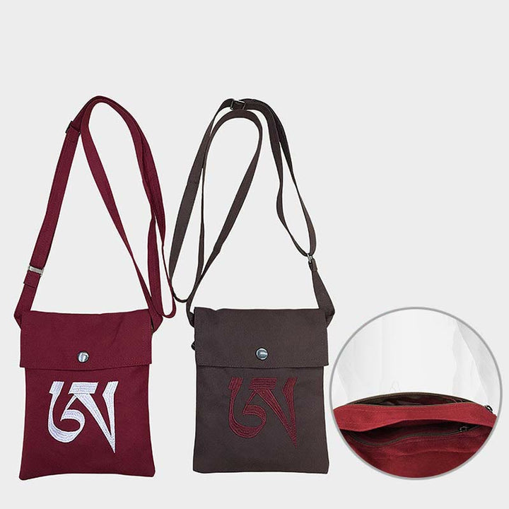 Hecho a mano OM Mantra bordado espiritual mente práctica algodón crossbody bolso hombro bolso teléfono celular