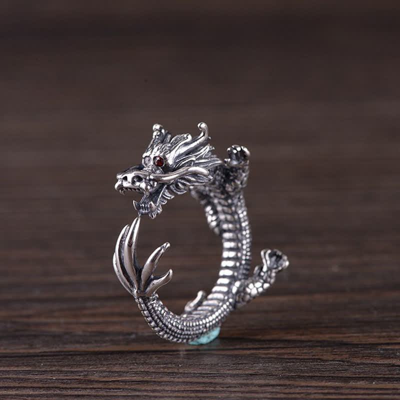Anillo de protección de la suerte del dragón de plata de ley 925