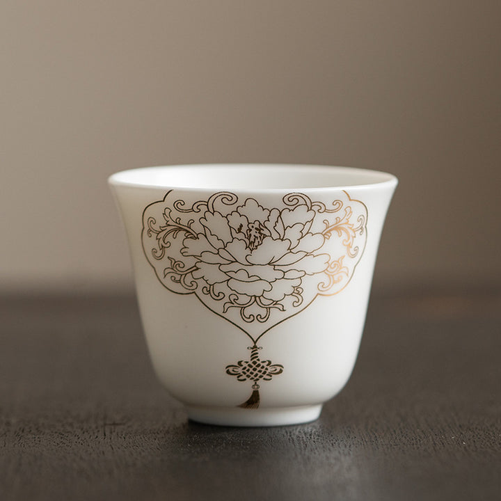 Taza de té de cerámica con Buddha Stones, flor de loto, hoja, montaña, pabellón, alce, peonía, taza de té de Kung Fu