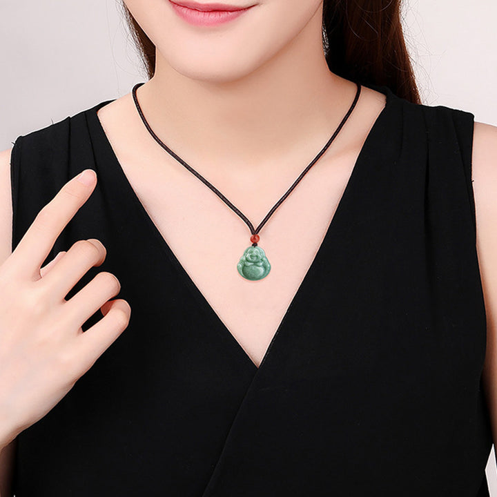 Buddha Stones Buda sonriente Jade cian Collar de éxito Colgante de cadena - image 3