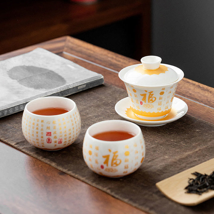 Taza de té y platillo con tapa, taza de té de cerámica Gaiwan, Sutra de corazón budista con Buddha Stones, pequeño personaje Fu