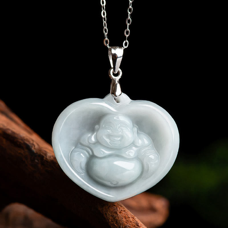 Colgante de plata de ley 925 con Buddha Stones , diseño de Buda sonriente, jade blanco, bendición de la suerte - image 4