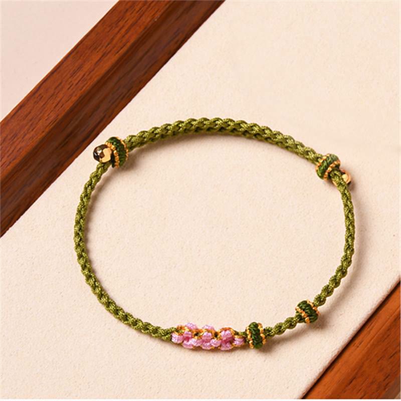 Pulsera de cuerda trenzada con protección de flor de melocotón hecha a mano con Buddha Stones