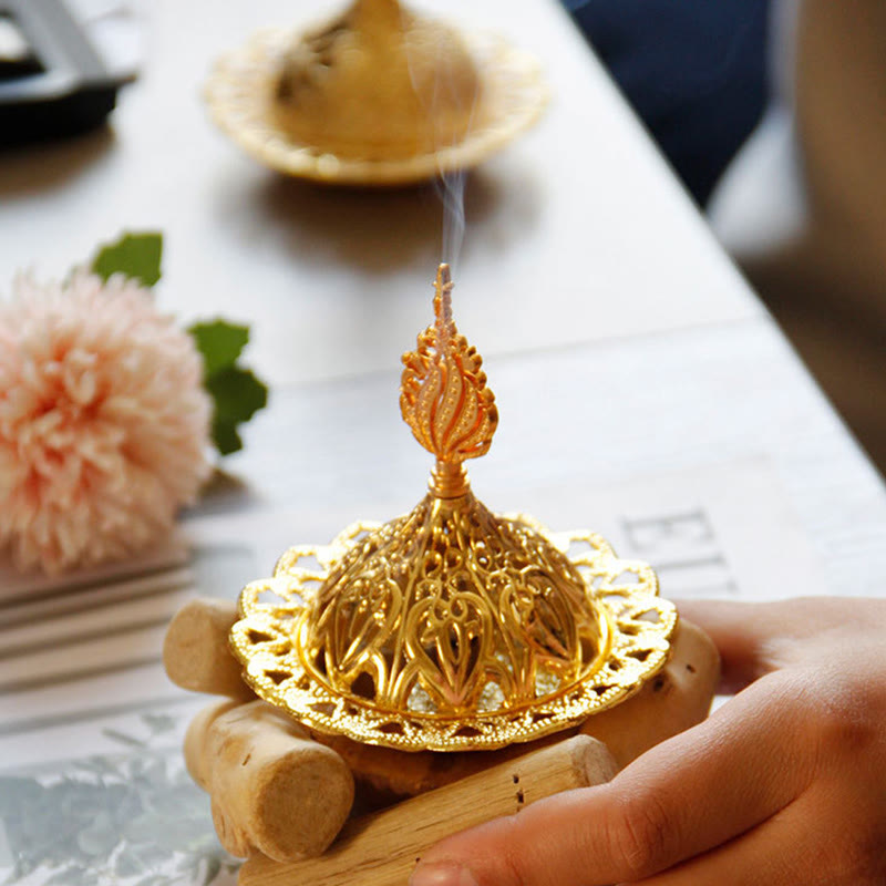 Mini quemador de incienso curativo de aleación de oro con decoración del hogar de posavasos de madera