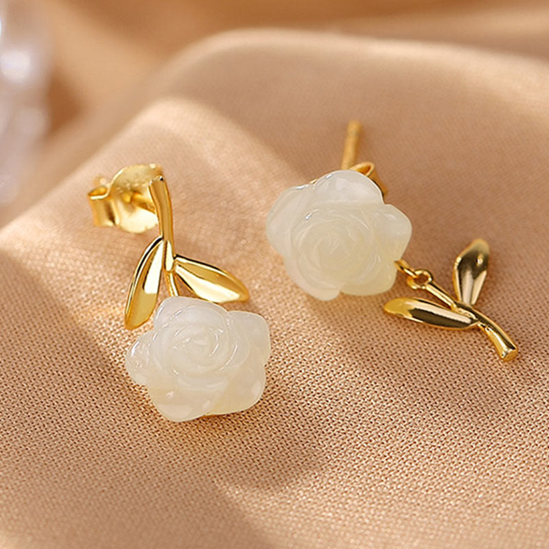 Pendientes de la suerte con perlas de jade cian y flor de rosa de jade chapado en plata de ley 925 con Buddha Stones - image 2