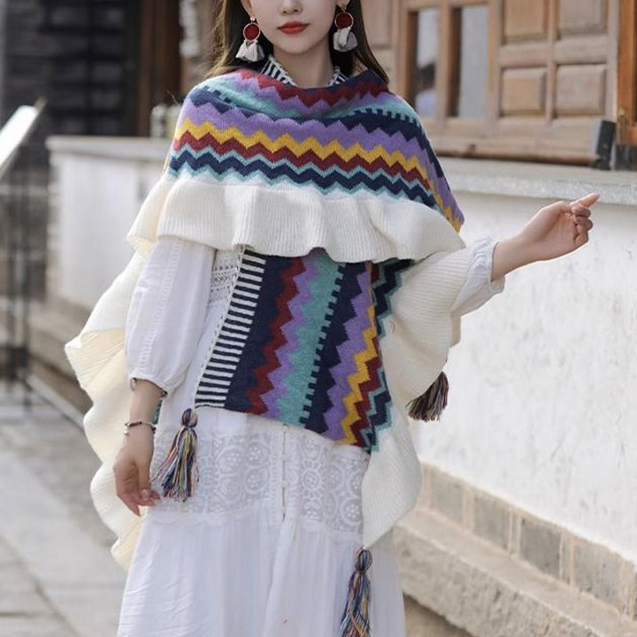 Mantón tibetano de Buddha Stones, bufanda de viaje acogedora de invierno con borlas de línea ondulada a rayas coloridas