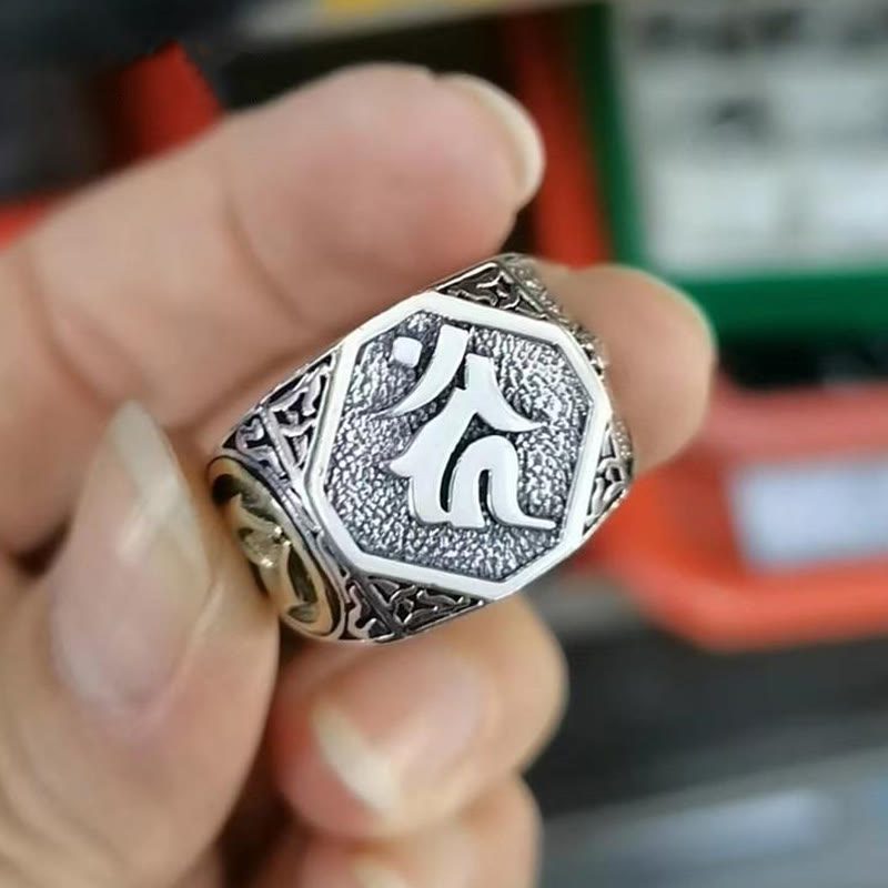 Anillo ajustable de protección tallada con diseño sánscrito de plata de ley 925 con Buddha Stones