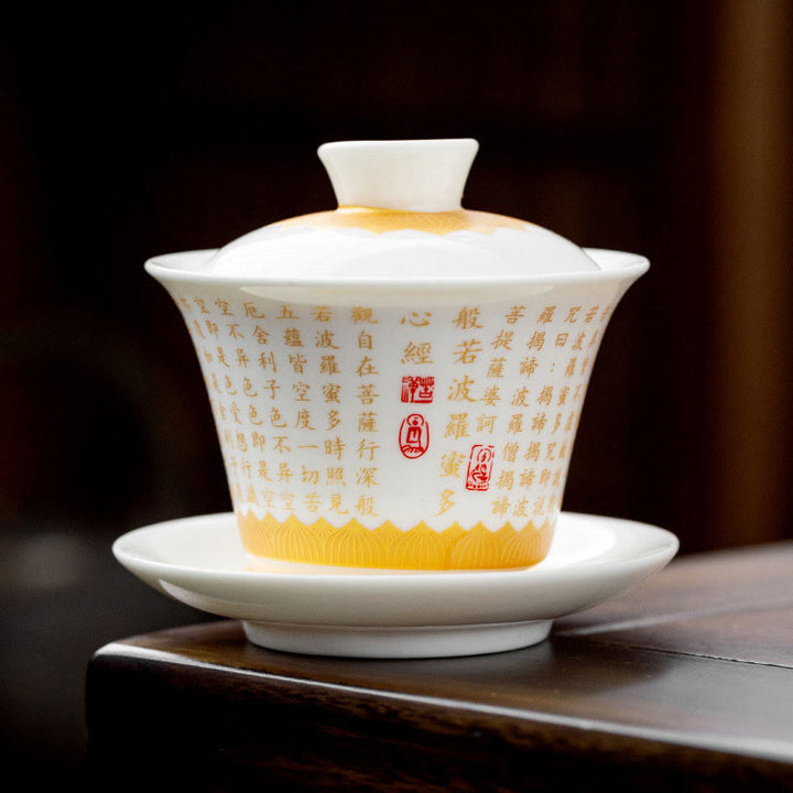 Taza de té y platillo con tapa, taza de té de cerámica Gaiwan, Sutra de corazón budista con Buddha Stones, pequeño personaje Fu