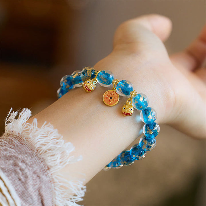 Buddha Stones, bestia tragadora de oro, moneda de cobre, amuleto de buena suerte, pulsera de fortuna con cuentas de vidrio Liuli