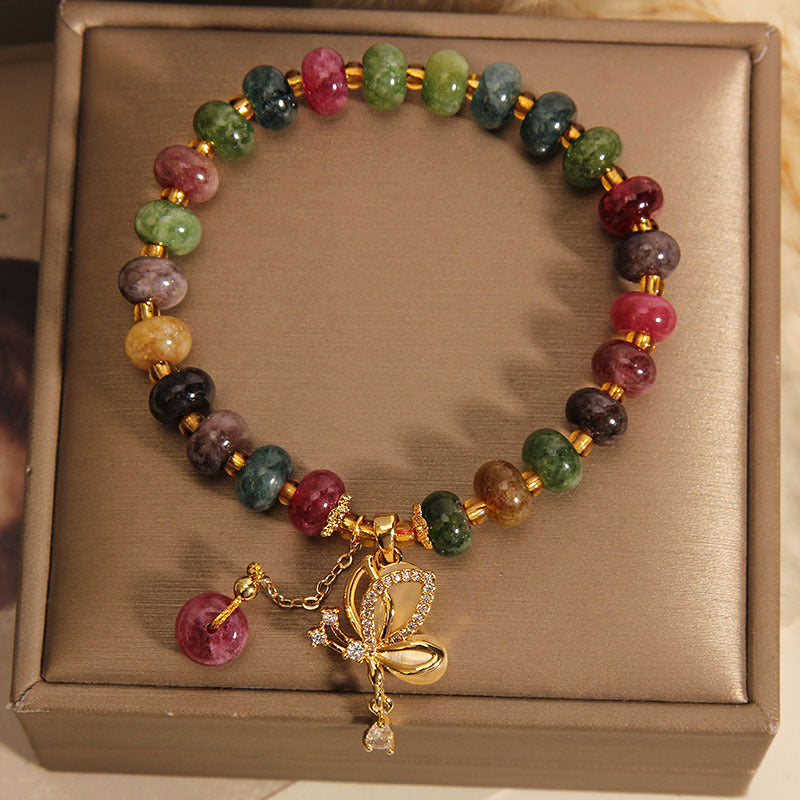 Pulsera de sabiduría con dije de mariposa y turmalina colorida con Buddha Stones