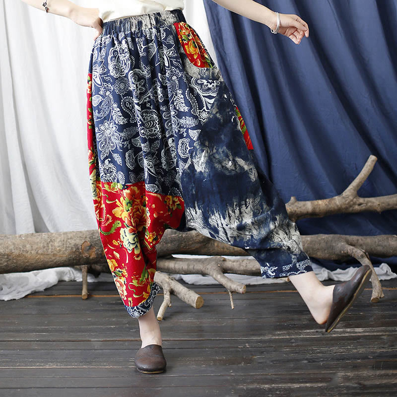 Pantalones bombachos de lino y algodón con retazos de flores de peonía azul y rojo con Buddha Stones y bolsillos