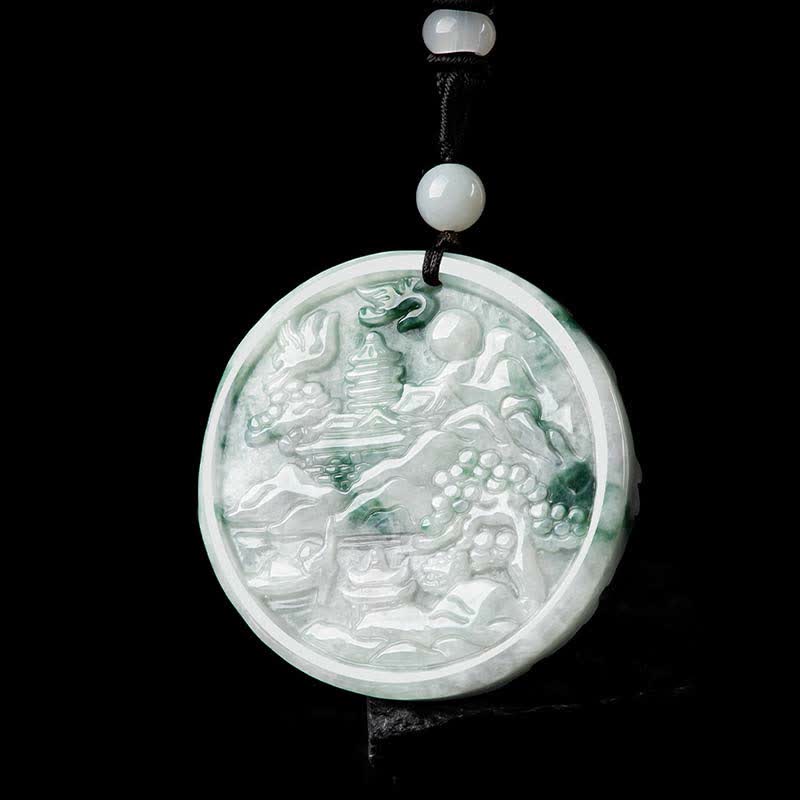 Collar de cadena de abundancia de jade con paisaje de montaña de Buddha Stones