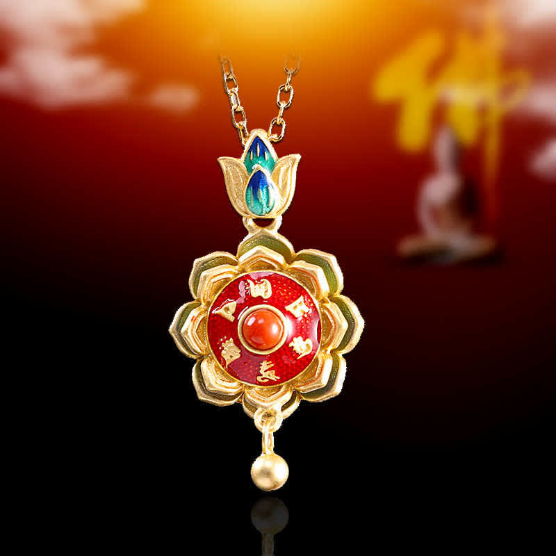 Colgante de plata de ley 925 con rueda de oración de loto del Tíbet y ágata roja - image 2