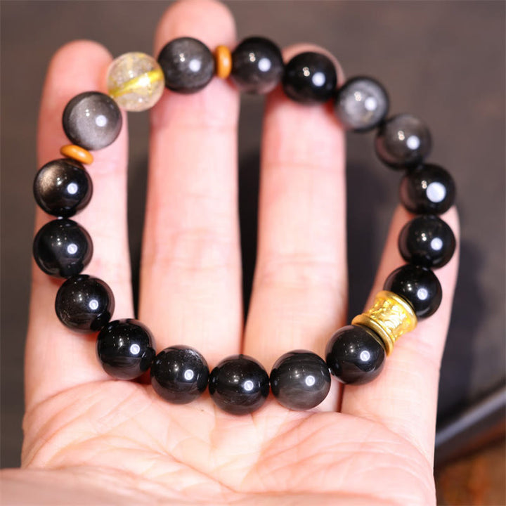 Pulsera de protección de cuentas Om Mani Padme Hum de cristal de obsidiana brillante de plata Natural con Buddha Stones