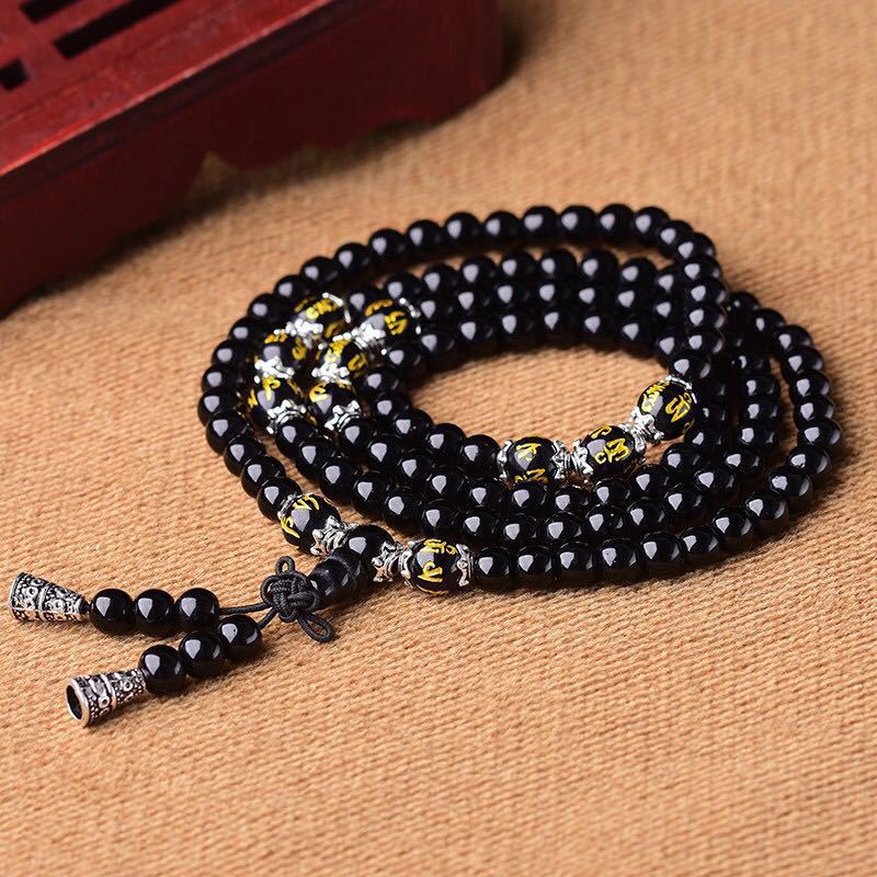 Pulsera Mala de protección con seis palabras verdaderas de obsidiana negra con Buddha Stones