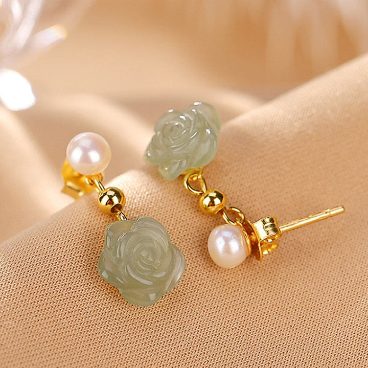 Pendientes de la suerte con perlas de jade cian y flor de rosa de jade chapado en plata de ley 925 con Buddha Stones - image 12
