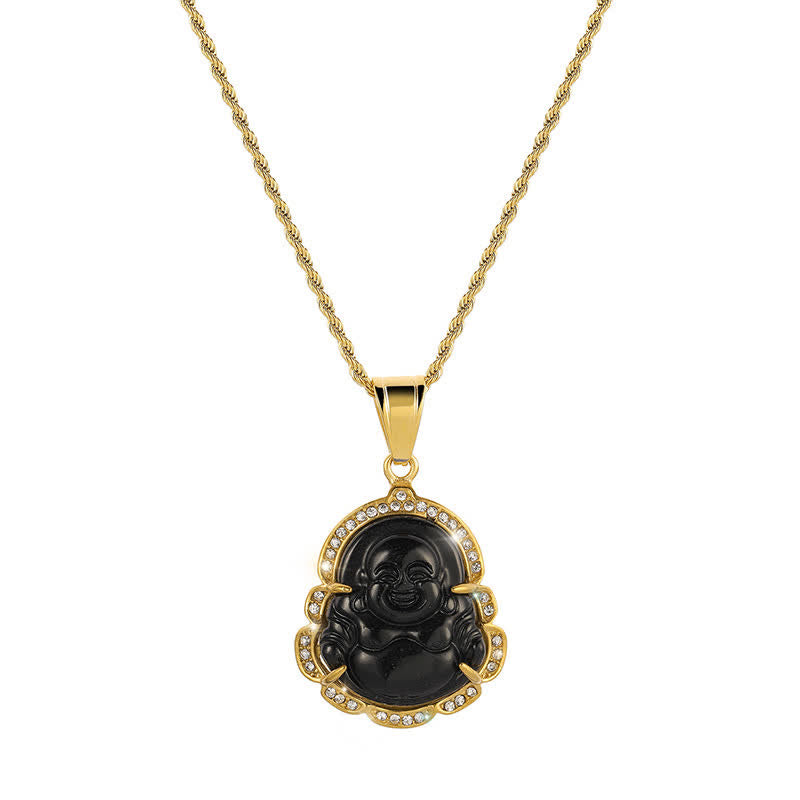 Colgante de cadena con collar de la suerte de jade de Buda sonriente relleno de oro de 18 quilates con Buddha Stones - image 10