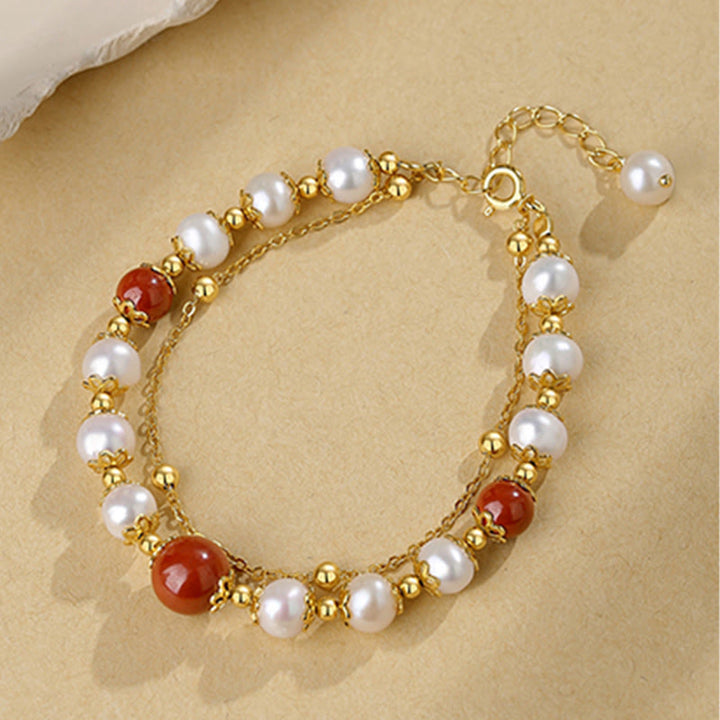 Pulsera de cadena de doble capa con cuentas de sabiduría de cinabrio y perlas de plata de ley 925 con Buddha Stones
