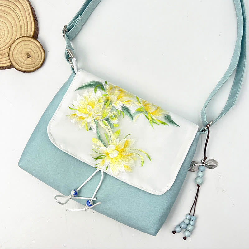 Buddha Stones Camelia bordada Epiphyllum Gardenia Sakura Flores Bolso bandolera Bolso de hombro Bolso para teléfono móvil