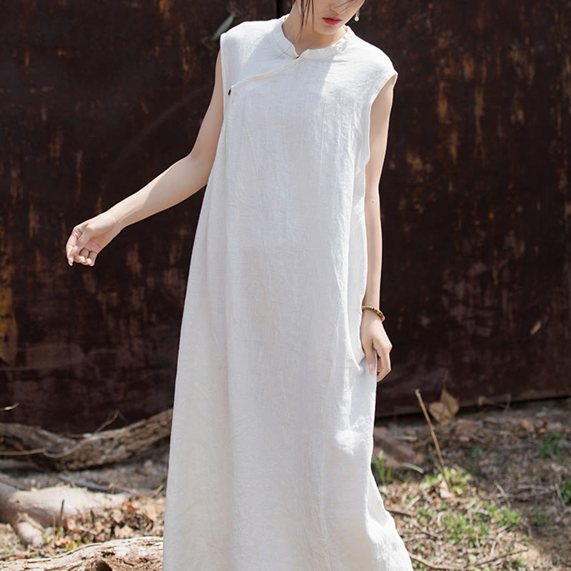 Vestido midi teñido anudado hecho a mano con Buddha Stones Vestido sin mangas de lino