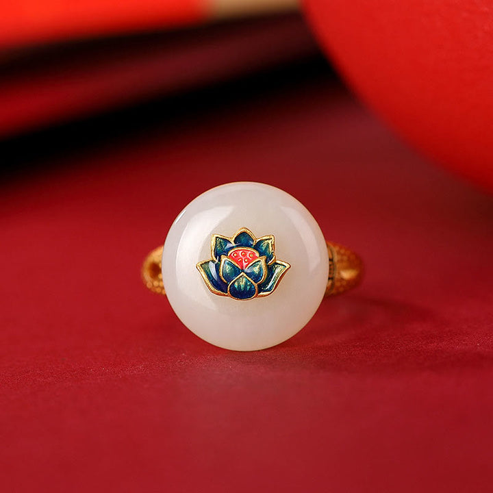 Juego de pendientes de anillo de la suerte de loto de jade hetiano chapado en plata de ley 925 con Buddha Stones