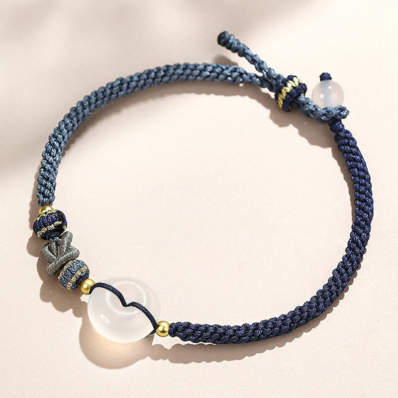 Pulsera de cuerda tejida hecha a mano de ágata blanca con hebilla de paz y suerte y protección